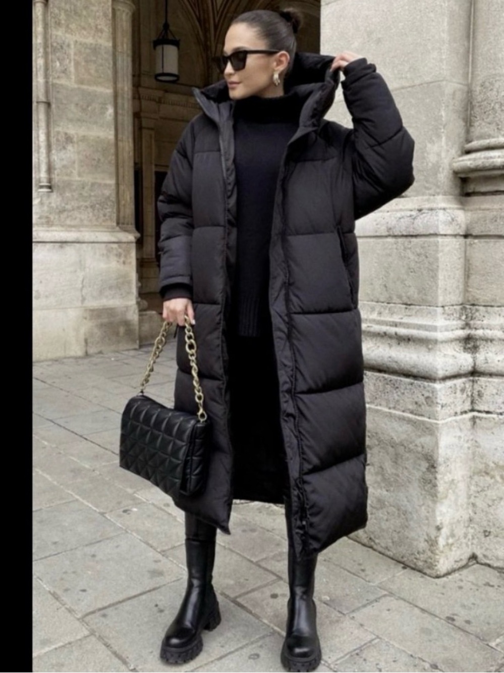 Zara Black Extra Long Puffer Coat with Hood XS